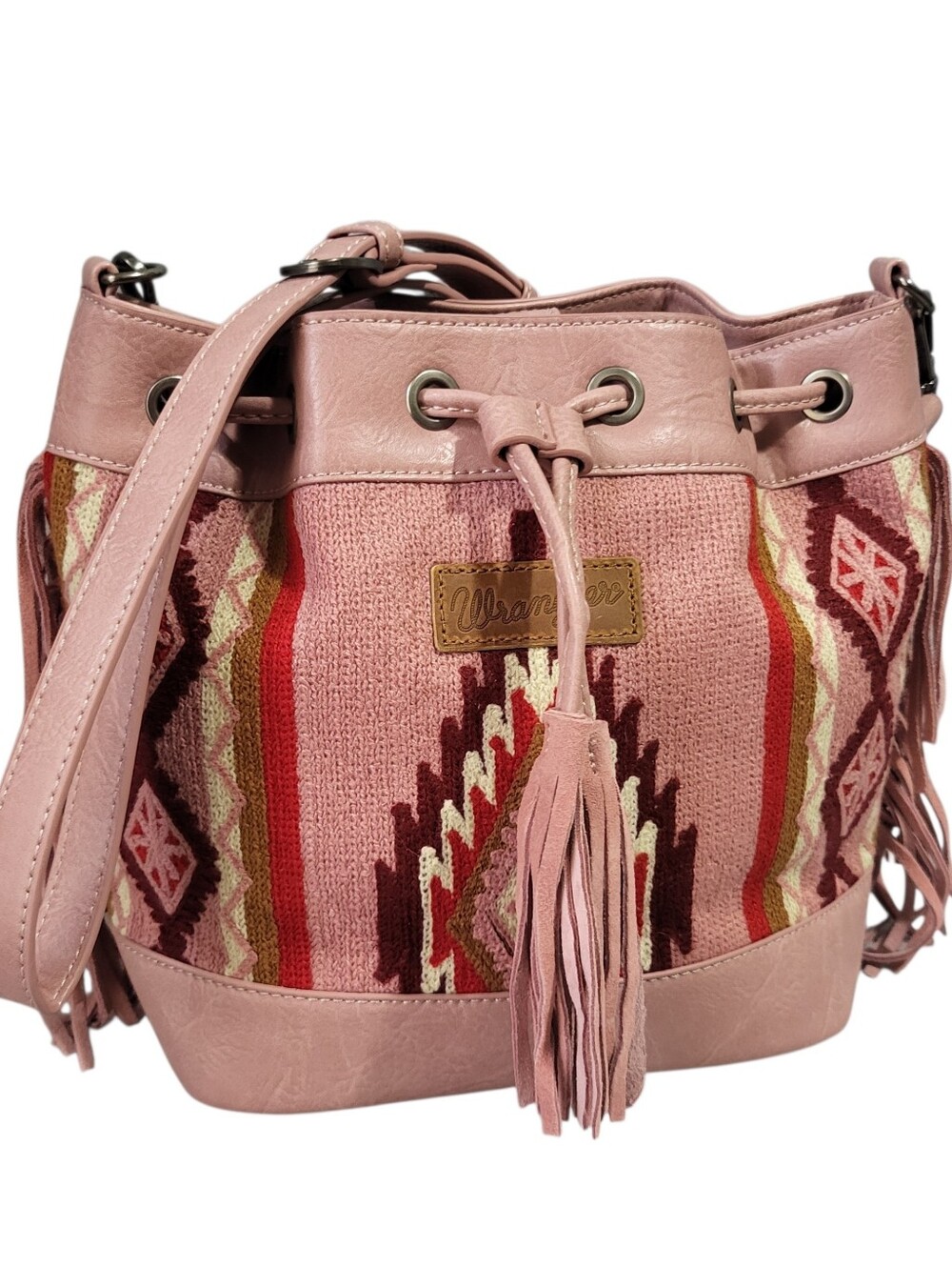 Wrangler Bucket Crossbody Shoulder Bag Pink Southwestern Aztec Fringe Tassel Cow